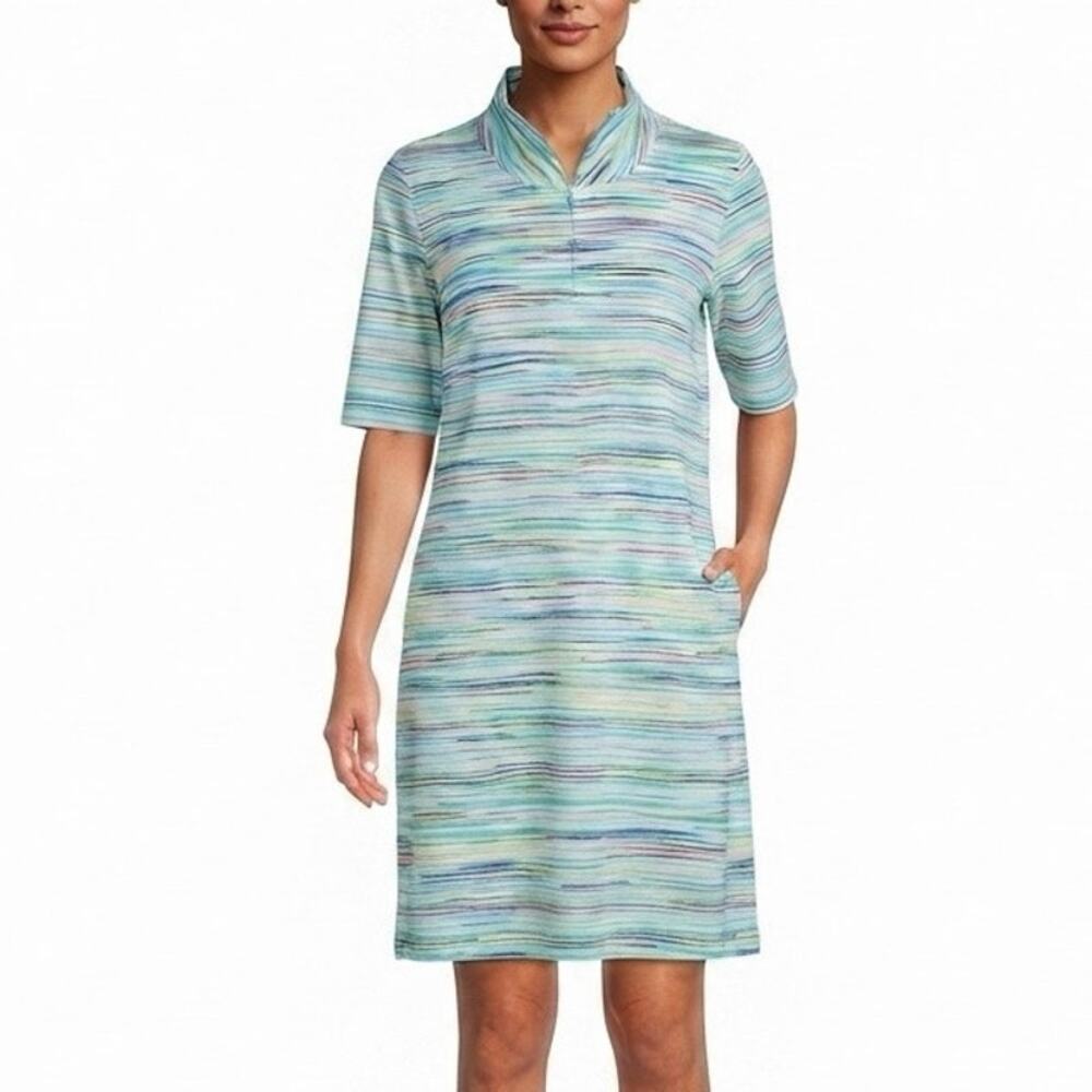 Lands' End Multicolored Striped UPF Zip Dress Swim Coverup Pockets Size M 8-10